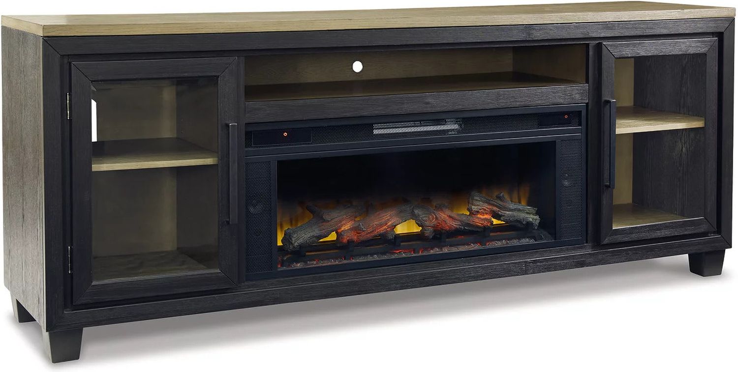 Foyland Brushed Black And Dusty Grayish Brown 83 Inch TV Stand With Electric Fireplace W989W1