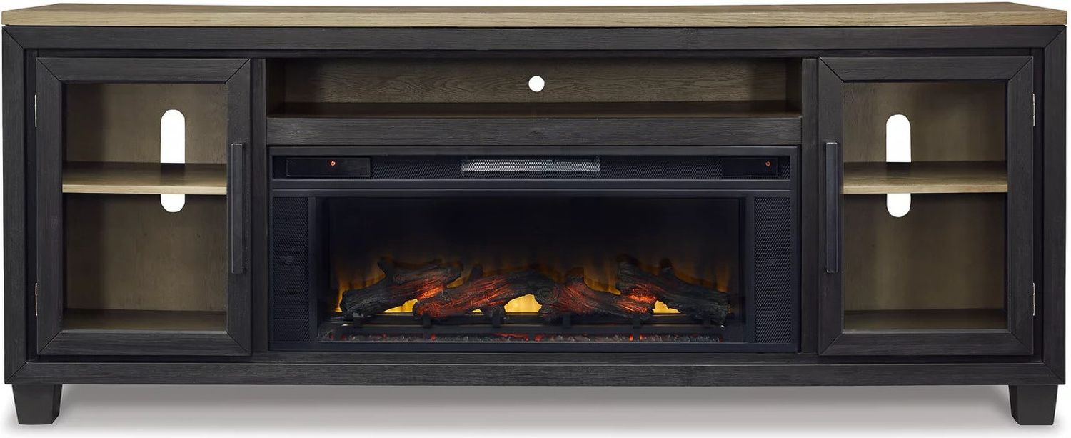 Foyland Brushed Black And Dusty Grayish Brown 83 Inch TV Stand With Electric Fireplace W989W1