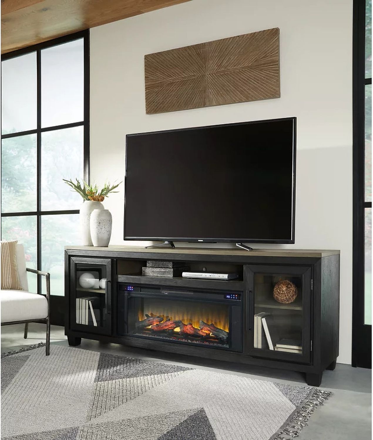 Foyland Brushed Black And Dusty Grayish Brown 83 Inch TV Stand With Electric Fireplace W989W1