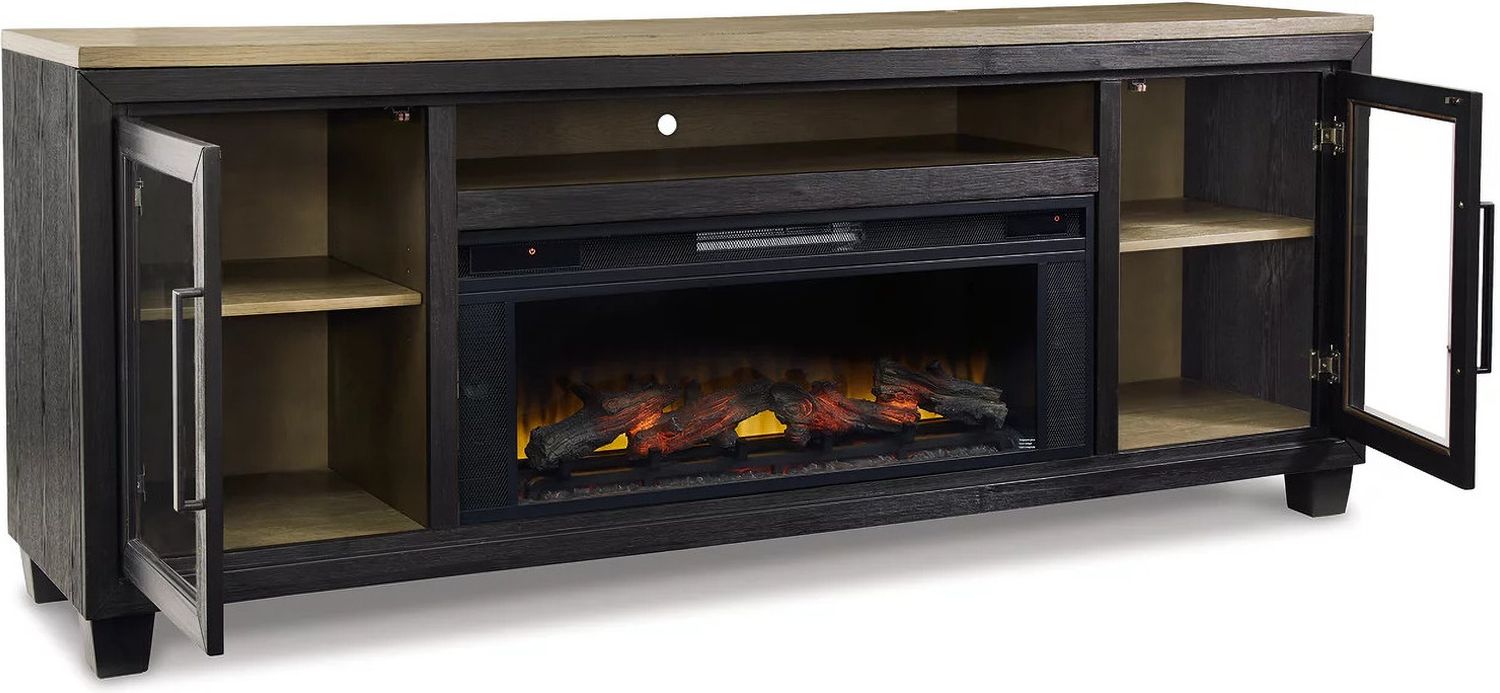 Foyland Brushed Black And Dusty Grayish Brown 83 Inch TV Stand With Electric Fireplace W989W1