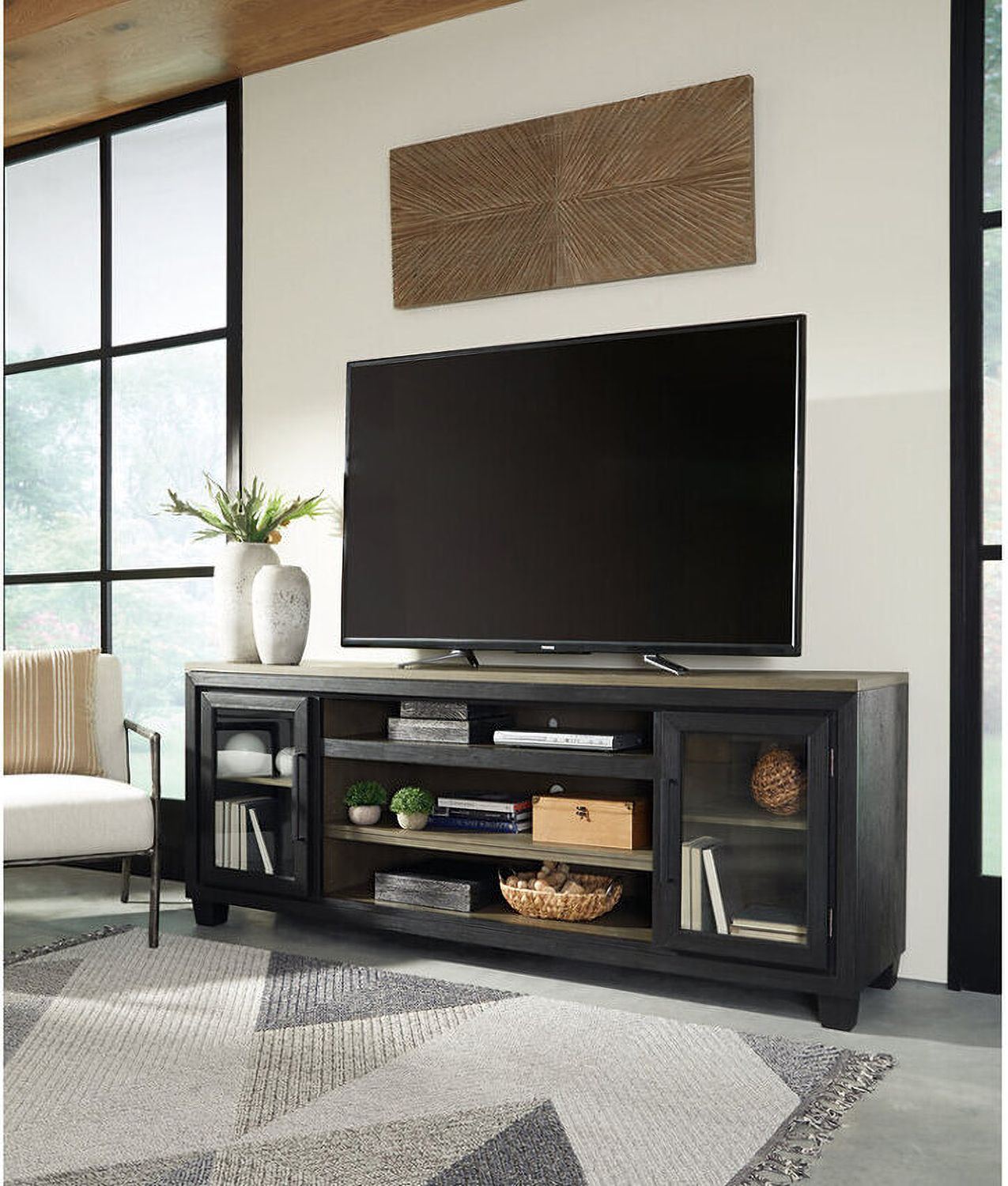 Foyland Brushed Black And Dusty Grayish Brown 83 Inch TV Stand With Electric Fireplace W989W1