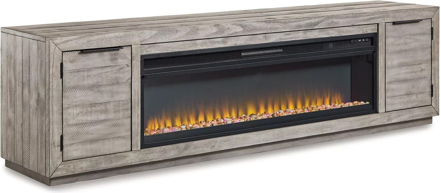 Naydell Gray 92 Inch Tv Stand With Wide Fireplace Insert W996W1