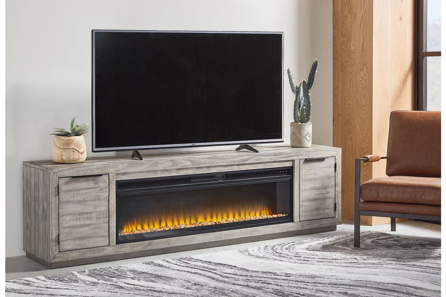 Naydell Gray 92 Inch Tv Stand With Wide Fireplace Insert W996W1