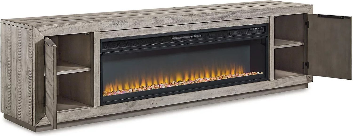 Naydell Gray 92 Inch Tv Stand With Wide Fireplace Insert W996W1