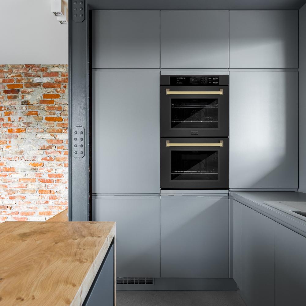 Autograph Edition 30 In. Professional True Convection Double Wall Oven With Air Fry And Self Clean In Black Stainless Steel With Champagne Bronze Handles WADBZ30CB