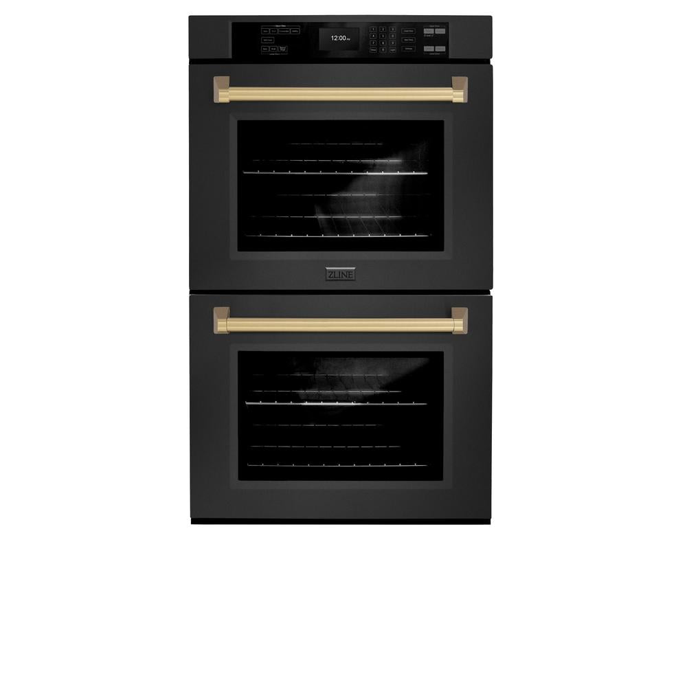 Autograph Edition 30 In. Professional True Convection Double Wall Oven With Air Fry And Self Clean In Black Stainless Steel With Champagne Bronze Handles WADBZ30CB