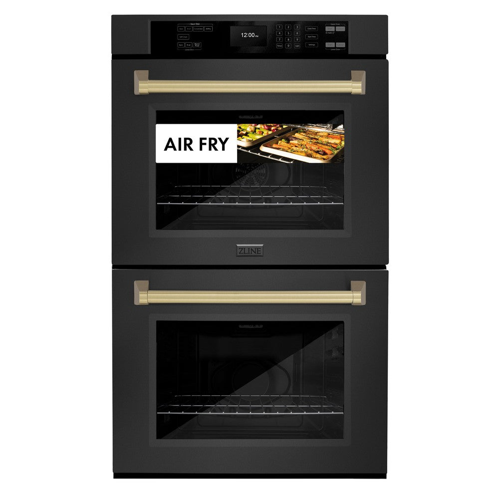 Autograph Edition 30 In. Professional True Convection Double Wall Oven With Air Fry And Self Clean In Black Stainless Steel With Champagne Bronze Handles WADBZ30CB