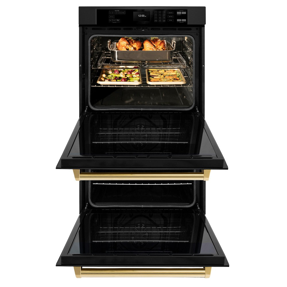 Autograph Edition 30 In. Professional True Convection Double Wall Oven With Air Fry And Self Clean In Black Stainless Steel With Polished Gold Handles WADBZ30G