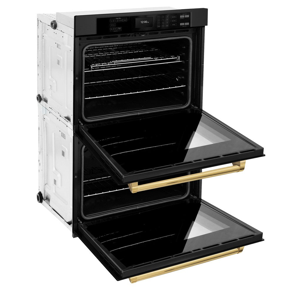 Autograph Edition 30 In. Professional True Convection Double Wall Oven With Air Fry And Self Clean In Black Stainless Steel With Polished Gold Handles WADBZ30G