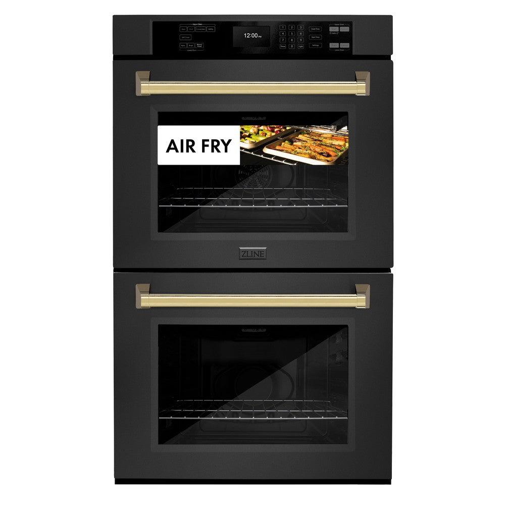 Autograph Edition 30 In. Professional True Convection Double Wall Oven With Air Fry And Self Clean In Black Stainless Steel With Polished Gold Handles WADBZ30G