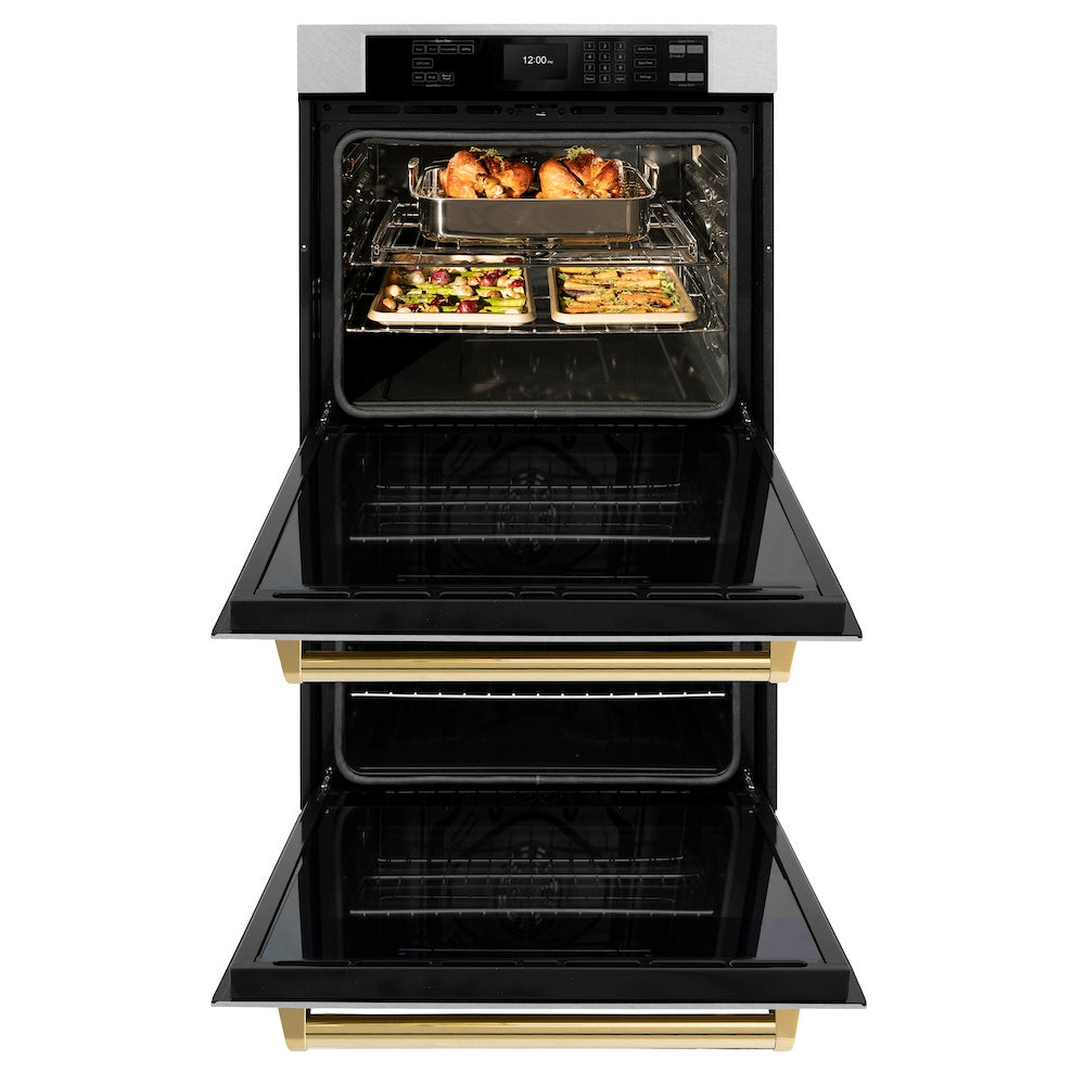 Autograph Edition 30 In. Professional True Convection Double Wall Oven With Air Fry And Self Clean In Satin Stainless Steel With Polished Gold Handles WADSZ30G