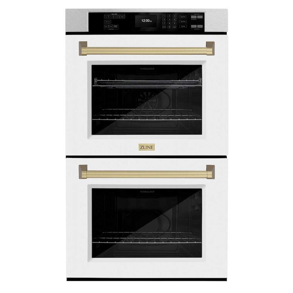 ZLINE Autograph Edition 30 in. Professional True Convection Double Wall Oven with Air Fry and Self Clean in Satin Stainless Steel with White Matte Doors and Champagne Bronze Handles (WADSZ-WM