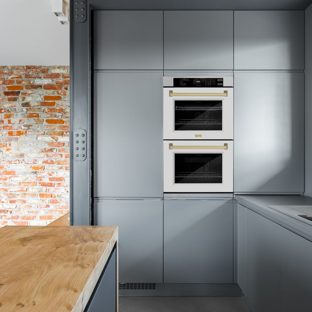 ZLINE Autograph Edition 30 in. Professional True Convection Double Wall Oven with Air Fry and Self Clean in Satin Stainless Steel with White Matte Doors and Champagne Bronze Handles (WADSZ-WM WADSZWM30CB
