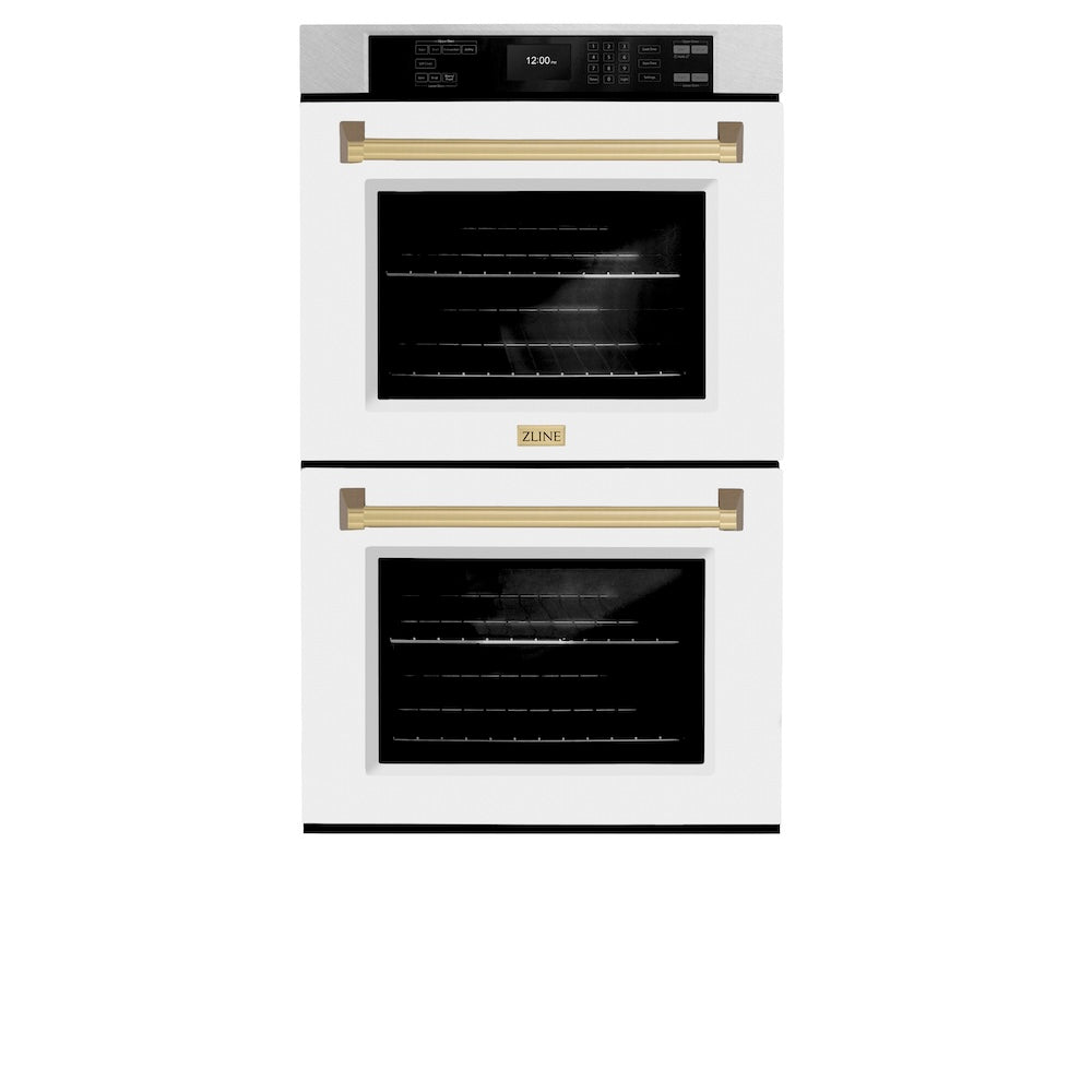 ZLINE Autograph Edition 30 in. Professional True Convection Double Wall Oven with Air Fry and Self Clean in Satin Stainless Steel with White Matte Doors and Champagne Bronze Handles (WADSZ-WM WADSZWM30CB