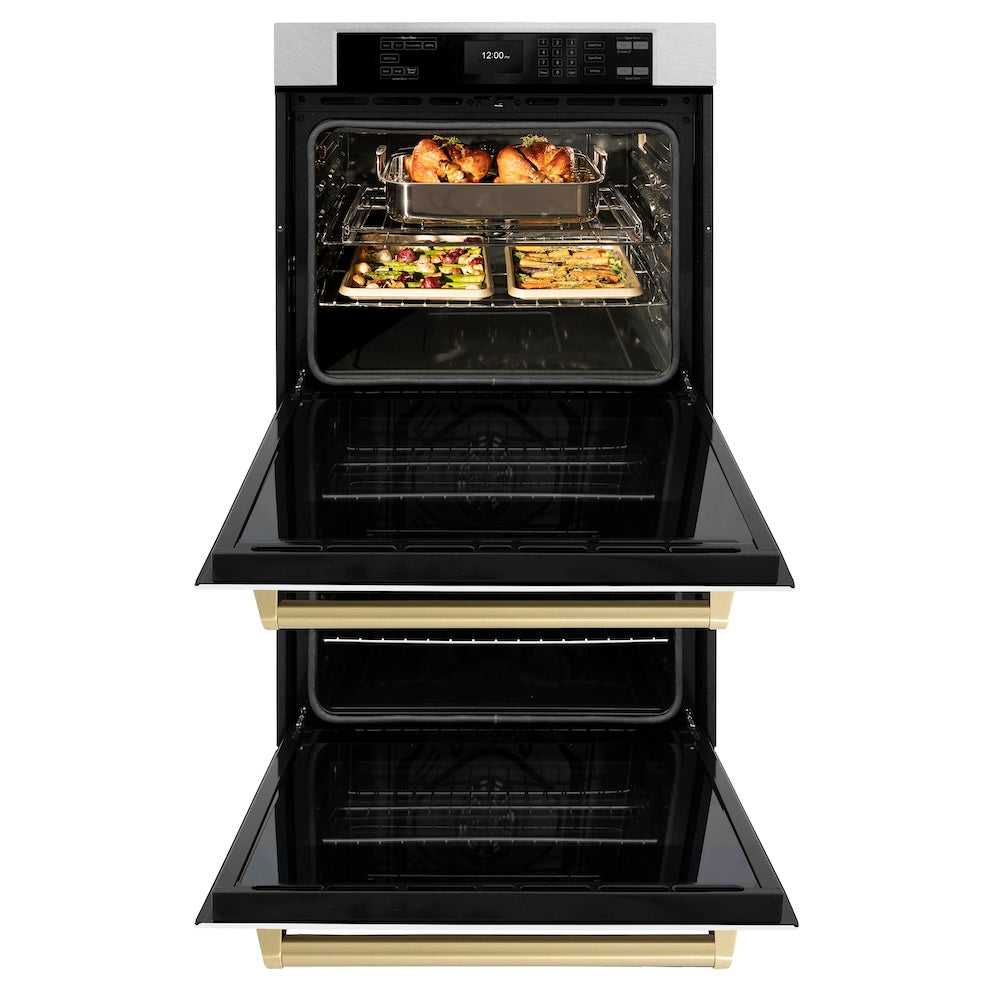 ZLINE Autograph Edition 30 in. Professional True Convection Double Wall Oven with Air Fry and Self Clean in Satin Stainless Steel with White Matte Doors and Champagne Bronze Handles (WADSZ-WM WADSZWM30CB