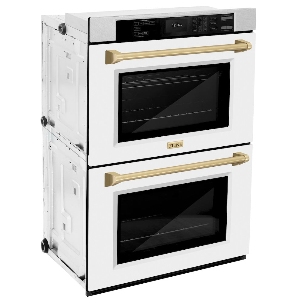 ZLINE Autograph Edition 30 in. Professional True Convection Double Wall Oven with Air Fry and Self Clean in Satin Stainless Steel with White Matte Doors and Champagne Bronze Handles (WADSZ-WM WADSZWM30CB
