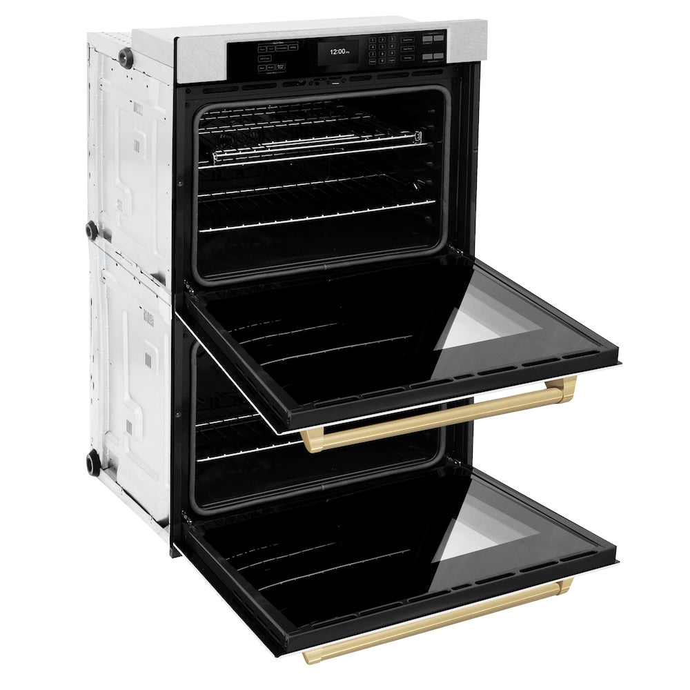 ZLINE Autograph Edition 30 in. Professional True Convection Double Wall Oven with Air Fry and Self Clean in Satin Stainless Steel with White Matte Doors and Champagne Bronze Handles (WADSZ-WM WADSZWM30CB