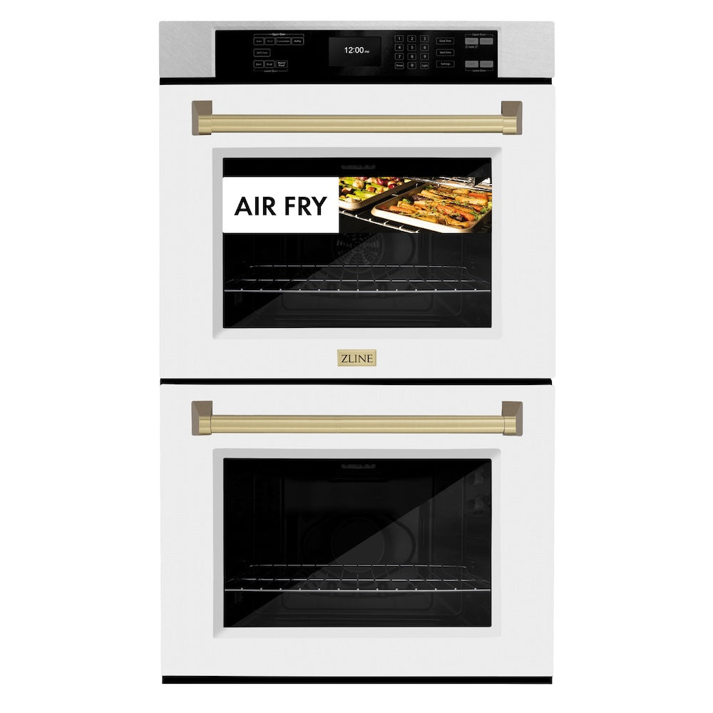 ZLINE Autograph Edition 30 in. Professional True Convection Double Wall Oven with Air Fry and Self Clean in Satin Stainless Steel with White Matte Doors and Champagne Bronze Handles (WADSZ-WM WADSZWM30CB
