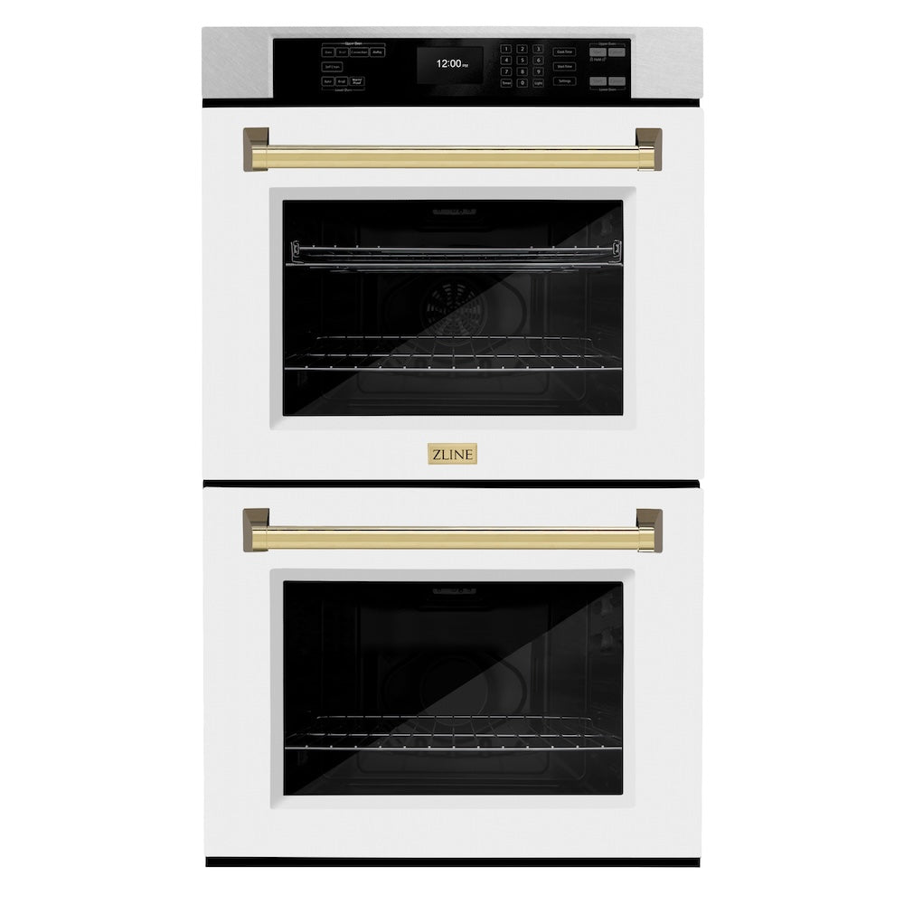 Autograph Edition 30 In. Professional True Convection Double Wall Oven With Air Fry And Self Clean In Satin Stainless Steel With White Matte Doors And Polished Gold Handles WADSZWM30G