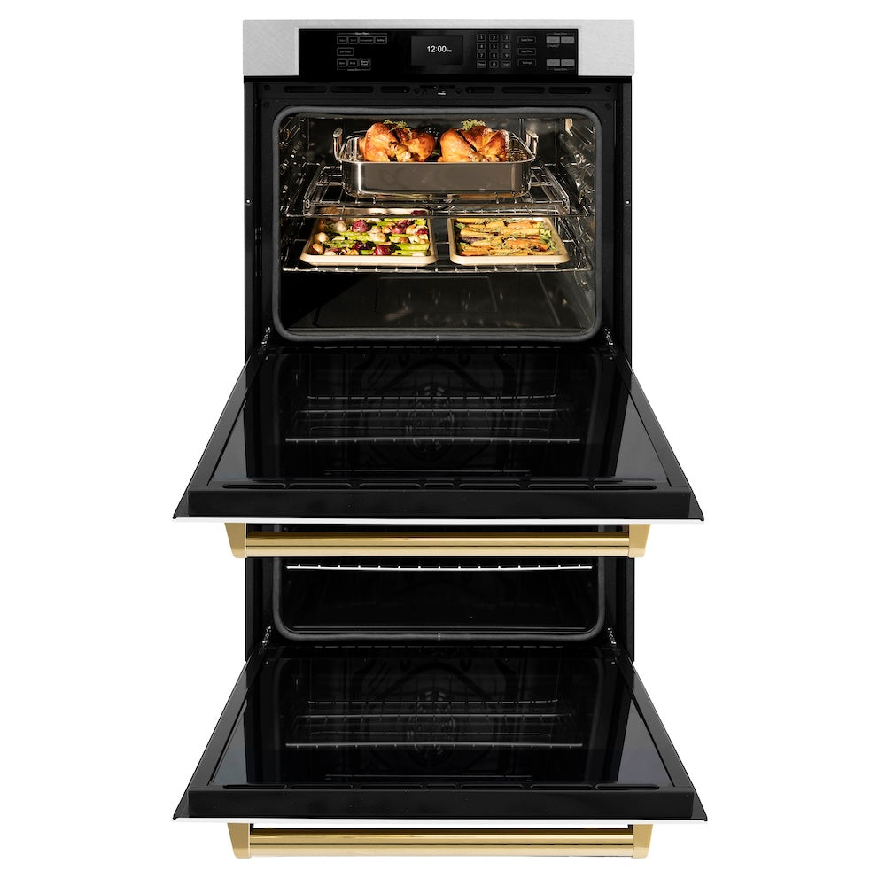 Autograph Edition 30 In. Professional True Convection Double Wall Oven With Air Fry And Self Clean In Satin Stainless Steel With White Matte Doors And Polished Gold Handles WADSZWM30G
