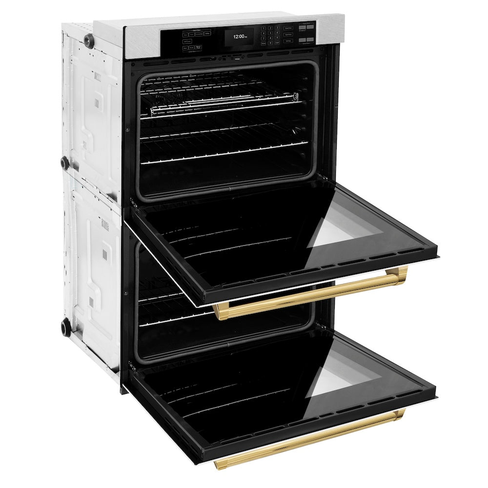 Autograph Edition 30 In. Professional True Convection Double Wall Oven With Air Fry And Self Clean In Satin Stainless Steel With White Matte Doors And Polished Gold Handles WADSZWM30G