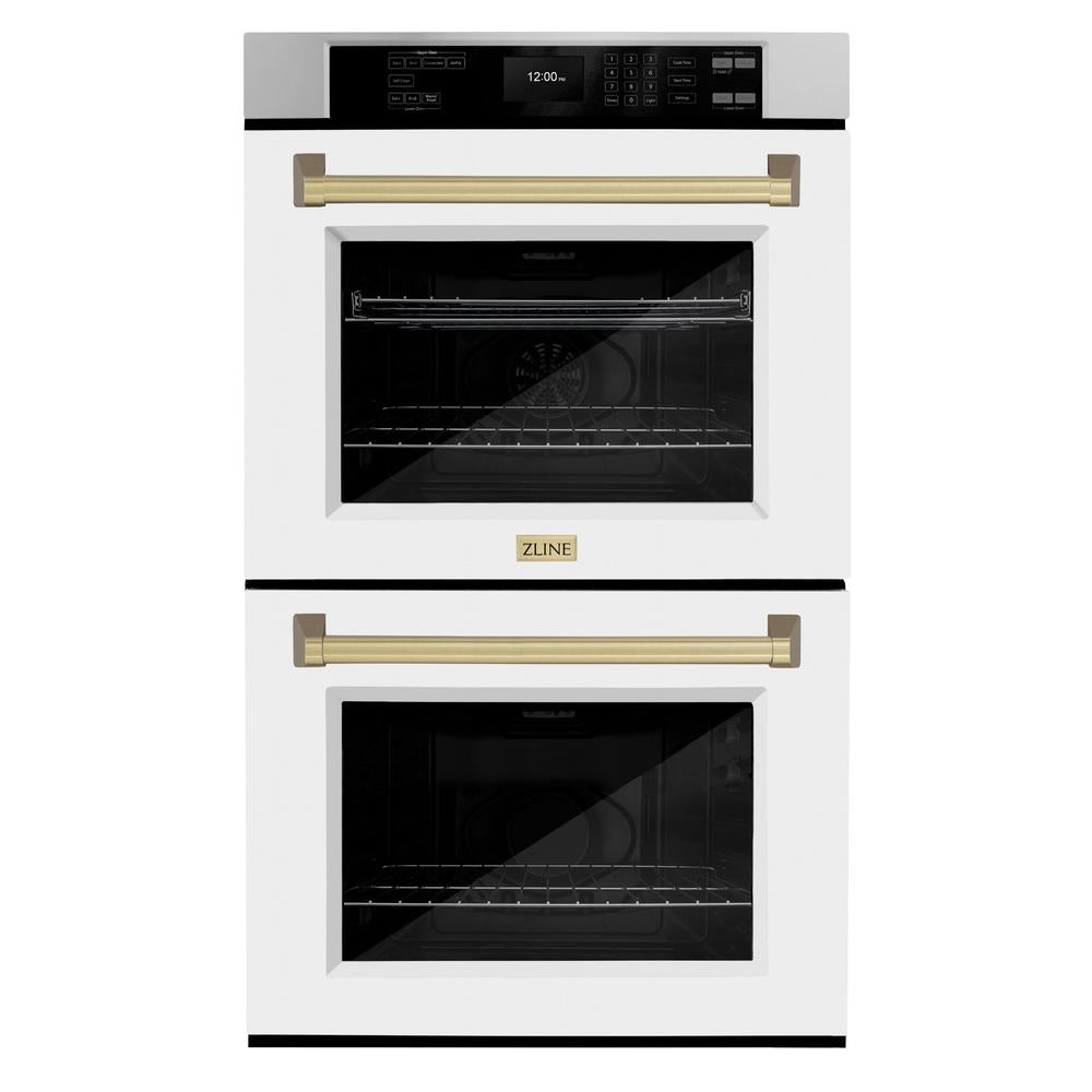 Autograph Edition 30 In. Professional True Convection Double Wall Oven With Air Fry And Self Clean In Stainless Steel With White Matte Doors And Champagne Bronze Handles WADZWM30CB