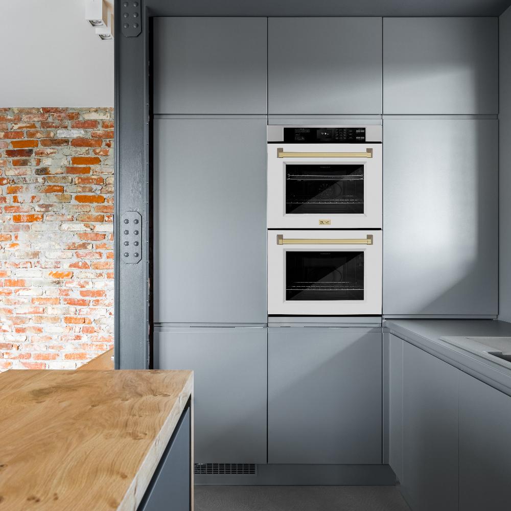 Autograph Edition 30 In. Professional True Convection Double Wall Oven With Air Fry And Self Clean In Stainless Steel With White Matte Doors And Champagne Bronze Handles WADZWM30CB