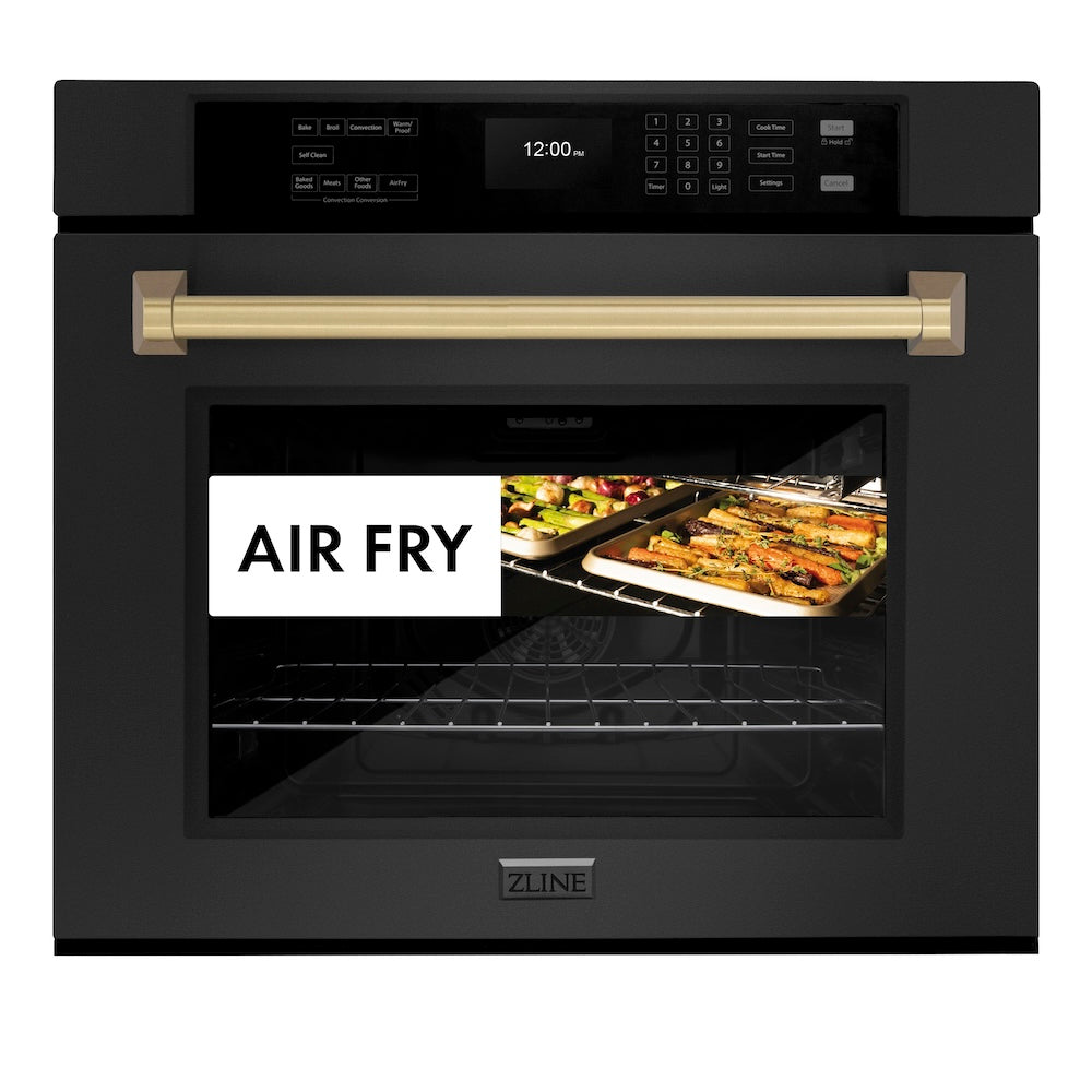 Autograph Edition 30 In. Professional True Convection Single Wall Oven With Air Fry And Self Clean In Black Stainless Steel With Champagne Bronze Handle WASBZ30CB