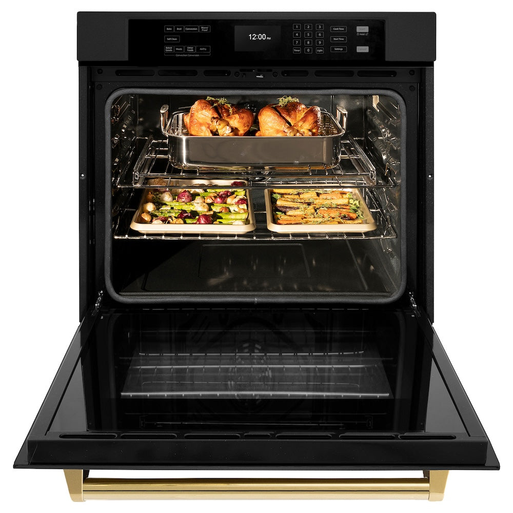 Autograph Edition 30 In. Professional True Convection Single Wall Oven With Air Fry And Self Clean In Black Stainless Steel With Polished Gold Handle WASBZ30G