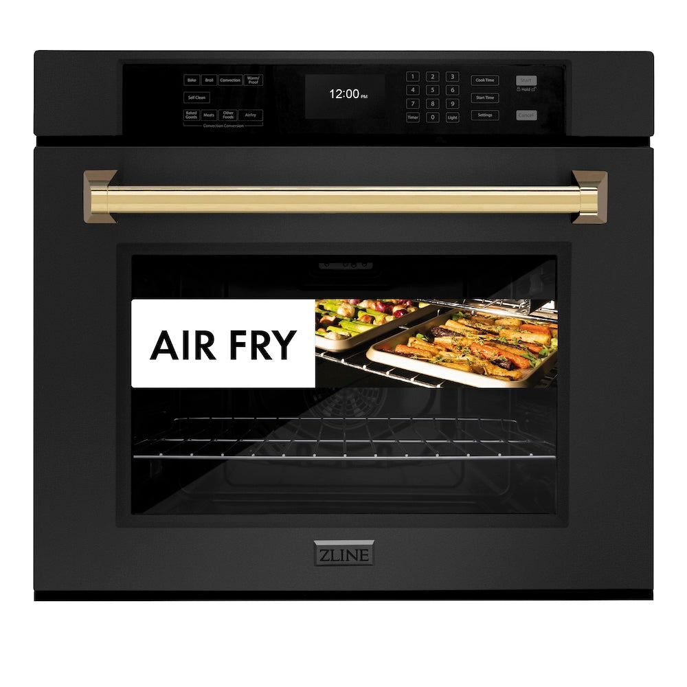 Autograph Edition 30 In. Professional True Convection Single Wall Oven With Air Fry And Self Clean In Black Stainless Steel With Polished Gold Handle WASBZ30G
