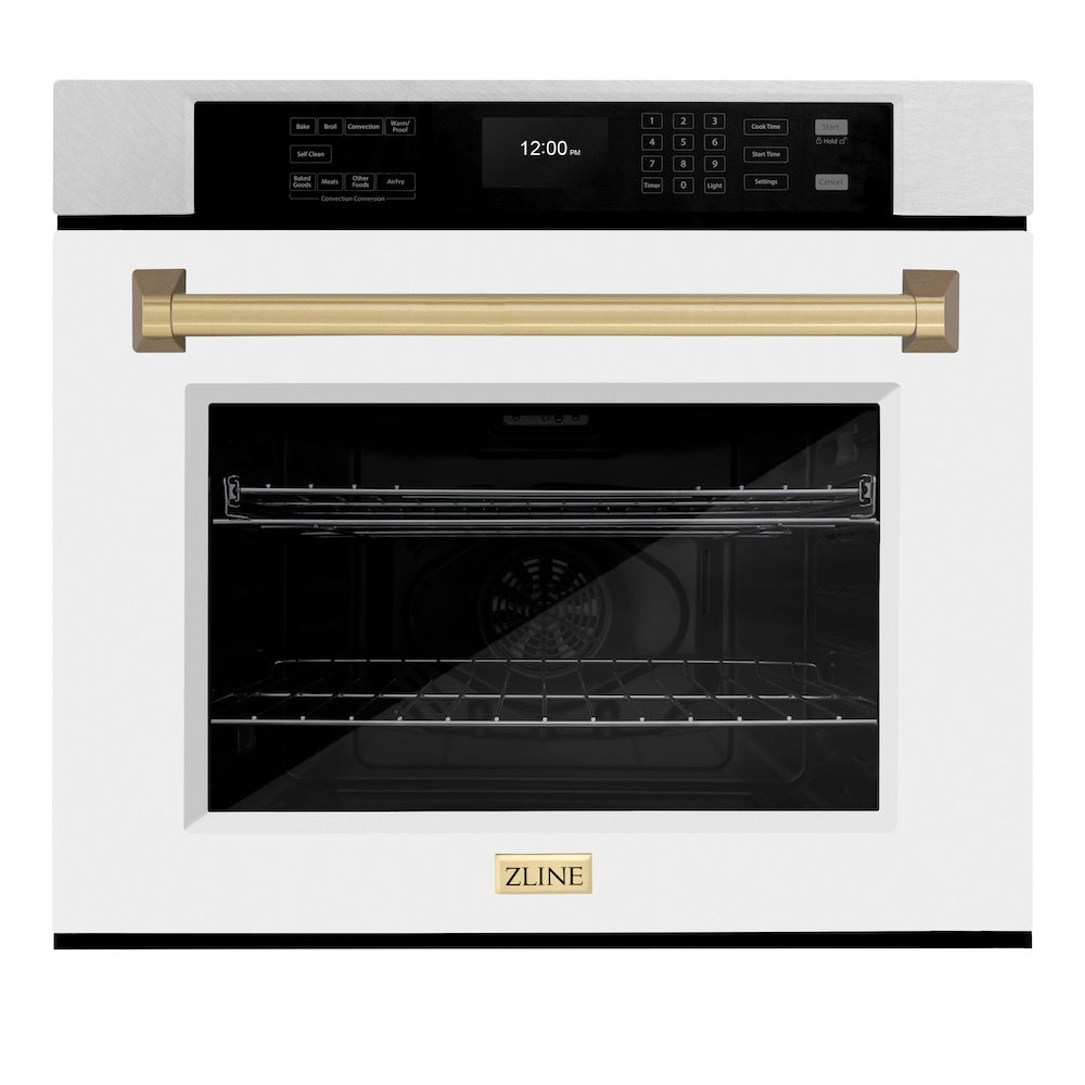 Autograph Edition 30 In. Professional True Convection Single Wall Oven With Air Fry And Self Clean In Satin Stainless Steel With White Matte Door And Champagne Bronze Handle WASSZWM30CB