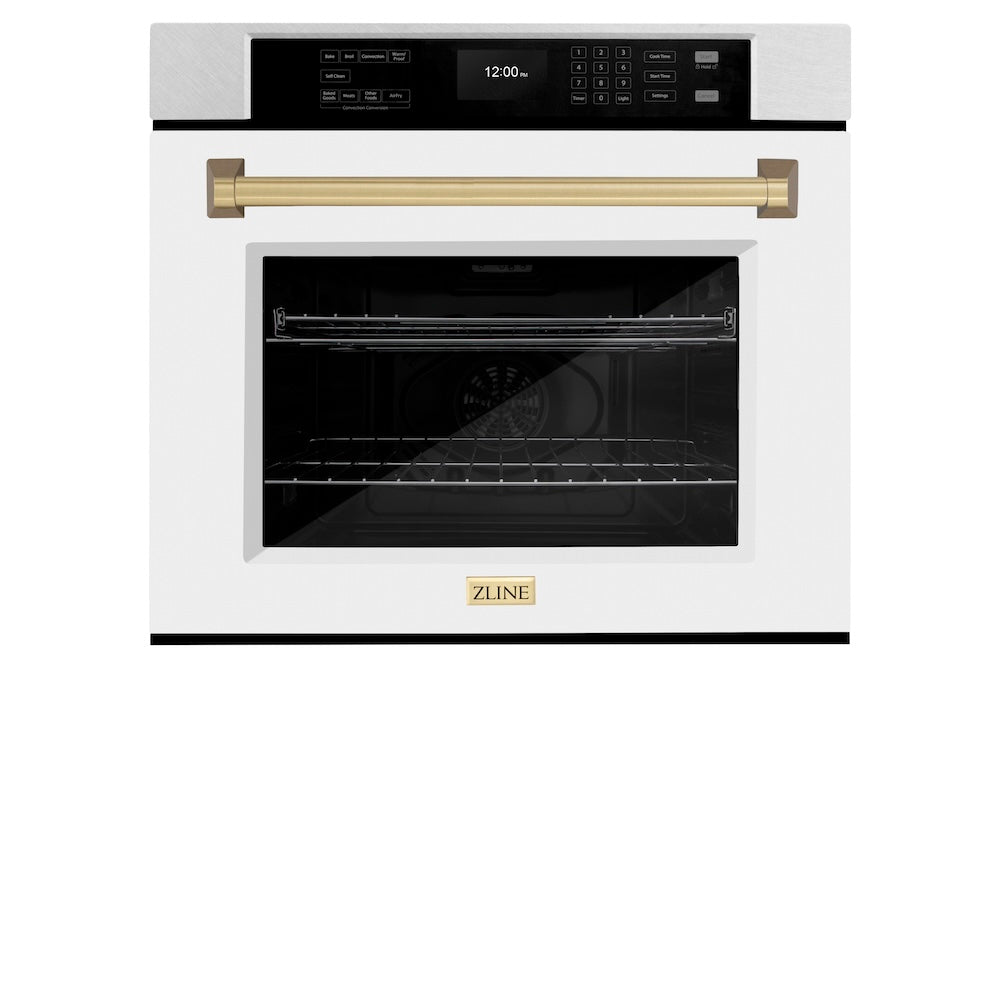 Autograph Edition 30 In. Professional True Convection Single Wall Oven With Air Fry And Self Clean In Satin Stainless Steel With White Matte Door And Champagne Bronze Handle WASSZWM30CB