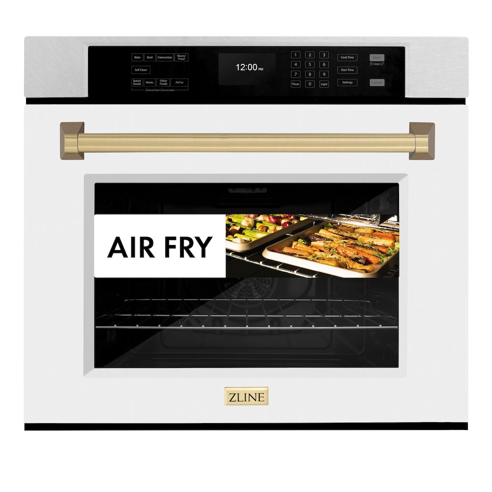 Autograph Edition 30 In. Professional True Convection Single Wall Oven With Air Fry And Self Clean In Satin Stainless Steel With White Matte Door And Champagne Bronze Handle WASSZWM30CB