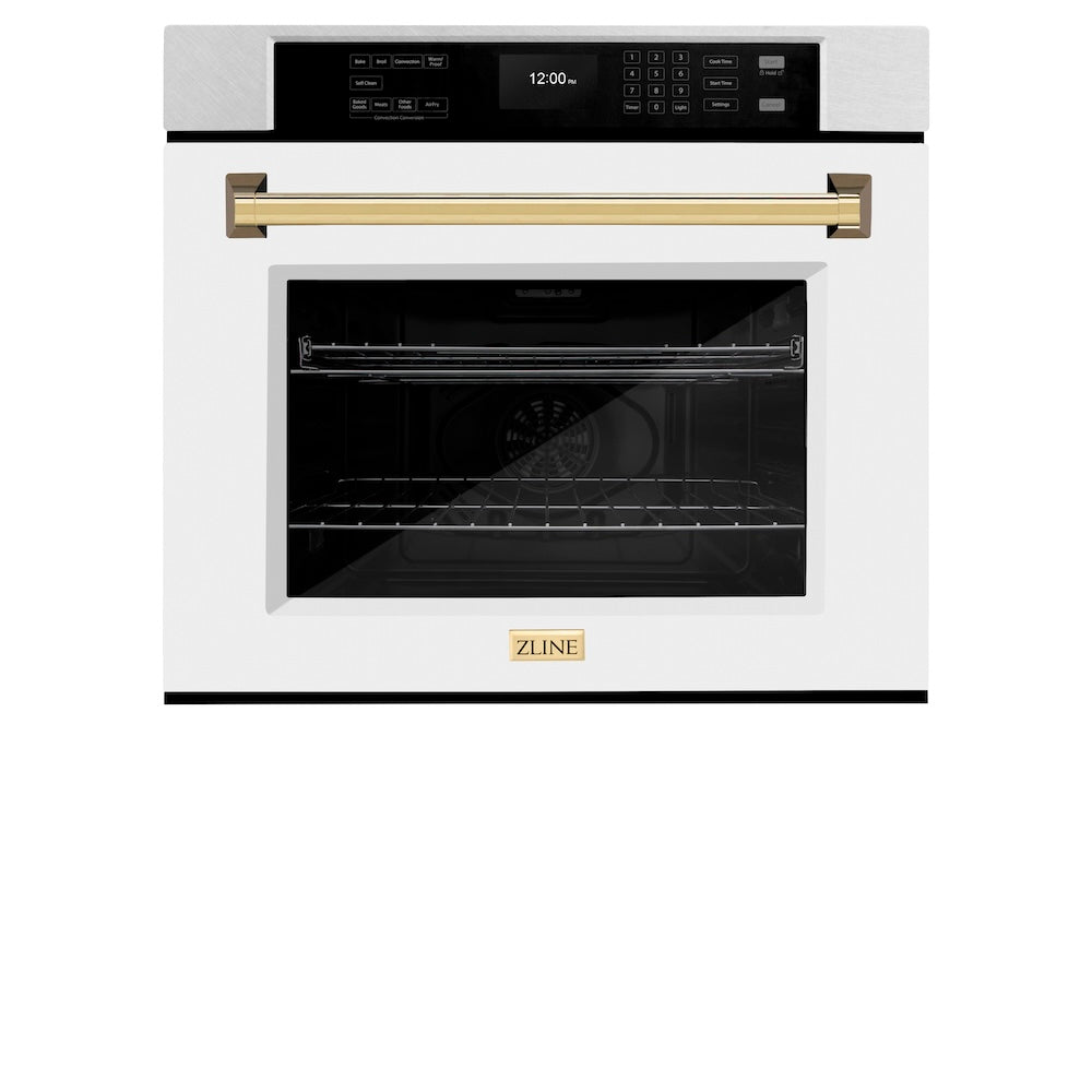 Autograph Edition 30 In. Professional True Convection Single Wall Oven With Air Fry And Self Clean In Satin Stainless Steel With White Matte Door And Polished Gold Handle WASSZWM30G