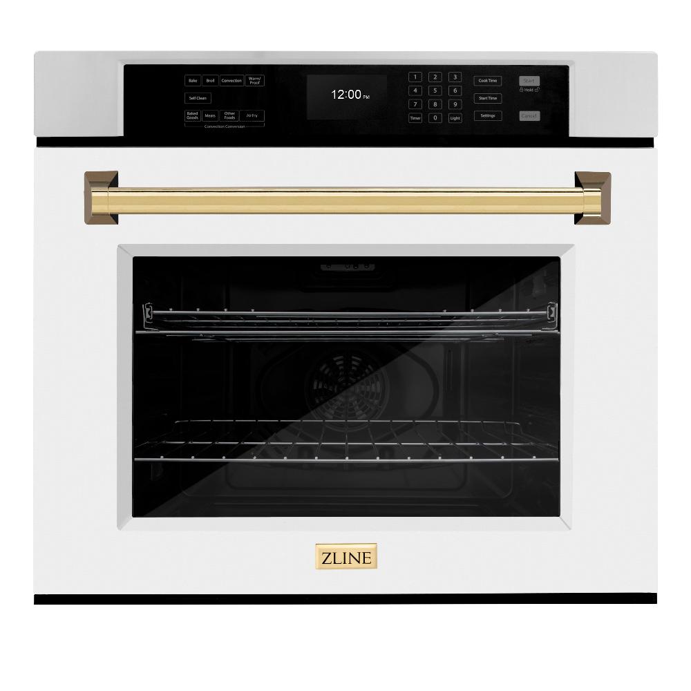 ZLINE Autograph Edition 30 in. Professional True Convection Single Wall Oven with Air Fry and Self Clean in Stainless Steel with White Matte Door and Polished Gold Handle (WASZ-WM-30-G) WASZW