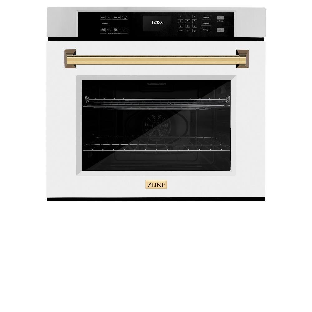 ZLINE Autograph Edition 30 in. Professional True Convection Single Wall Oven with Air Fry and Self Clean in Stainless Steel with White Matte Door and Polished Gold Handle (WASZ-WM-30-G) WASZWM30G