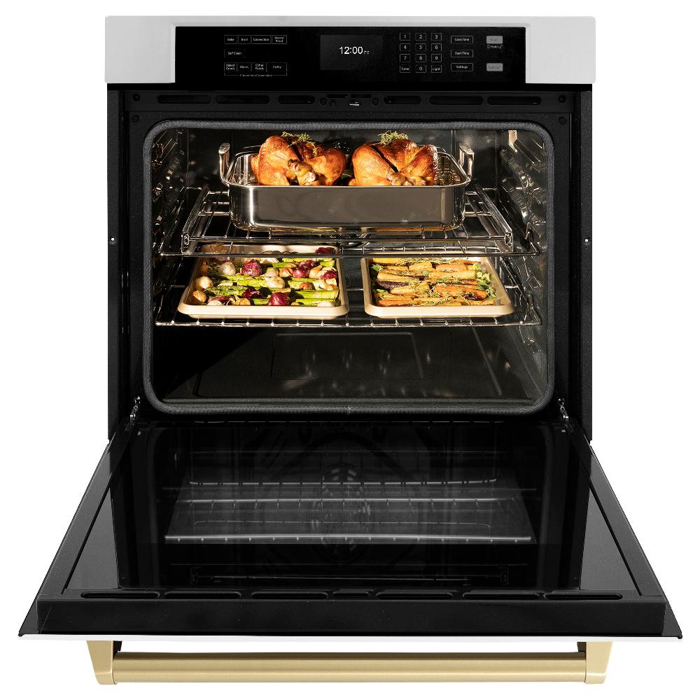 ZLINE Autograph Edition 30 in. Professional True Convection Single Wall Oven with Air Fry and Self Clean in Stainless Steel with White Matte Door and Polished Gold Handle (WASZ-WM-30-G) WASZWM30G