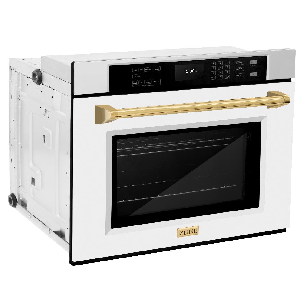 ZLINE Autograph Edition 30 in. Professional True Convection Single Wall Oven with Air Fry and Self Clean in Stainless Steel with White Matte Door and Polished Gold Handle (WASZ-WM-30-G) WASZWM30G