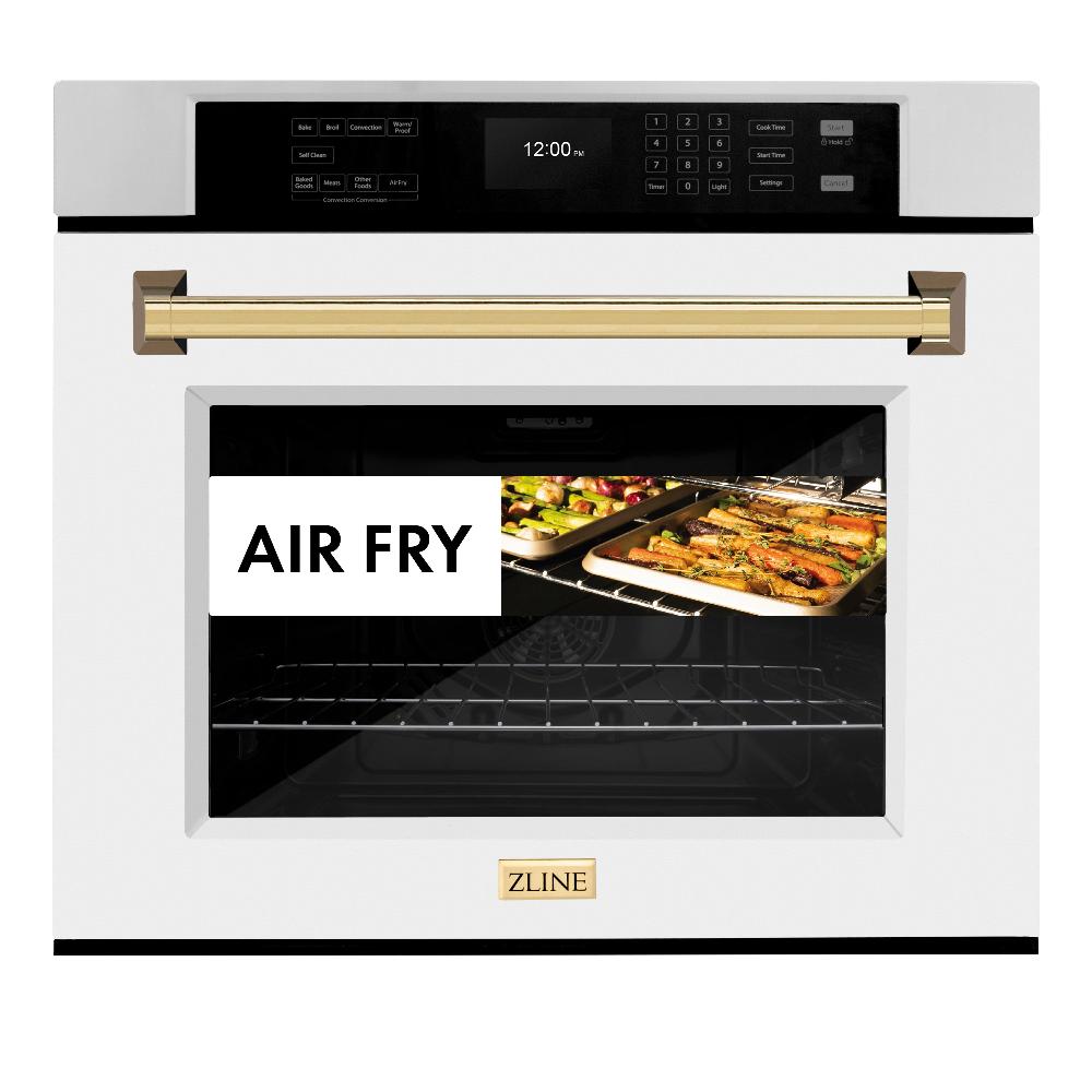 ZLINE Autograph Edition 30 in. Professional True Convection Single Wall Oven with Air Fry and Self Clean in Stainless Steel with White Matte Door and Polished Gold Handle (WASZ-WM-30-G) WASZWM30G