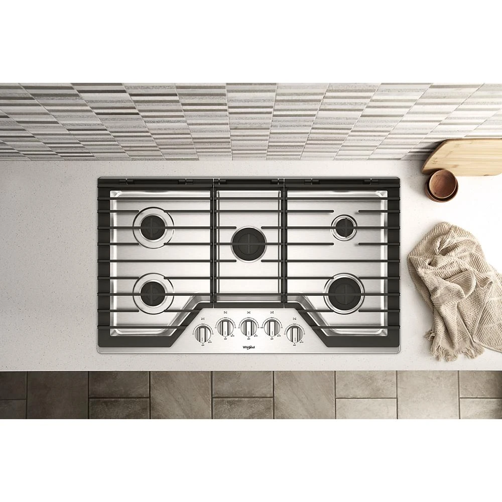36-inch Gas Cooktop with EZ-2-Lift Hinged Cast-Iron Grates WCG55US6HS, product image 7 of 8