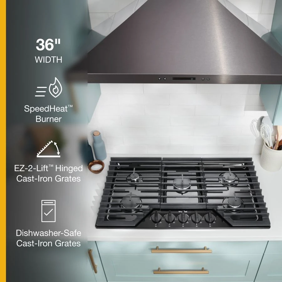 36-inch Gas Cooktop with EZ-2-Lift™ Hinged Cast-Iron Grates WCGK5036PV