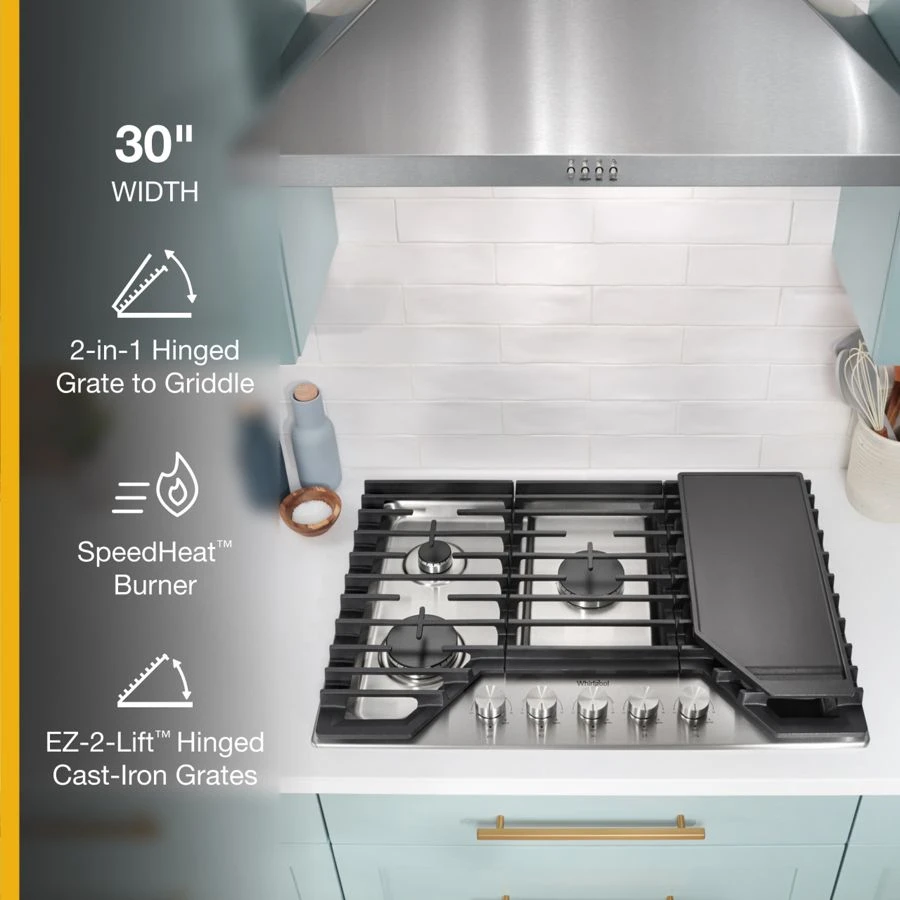 30-inch Gas Cooktop With 5 Burners And Ez-2-lift™ Hinged Cast-iron Grates And Griddle WCGK7530PS, product image 2 of 16