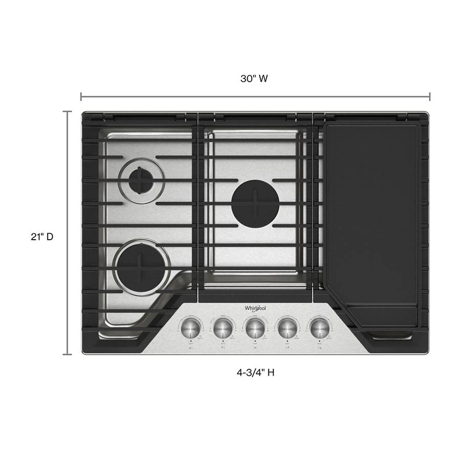 30-inch Gas Cooktop With 5 Burners And Ez-2-lift™ Hinged Cast-iron Grates And Griddle WCGK7530PS, product image 16 of 16