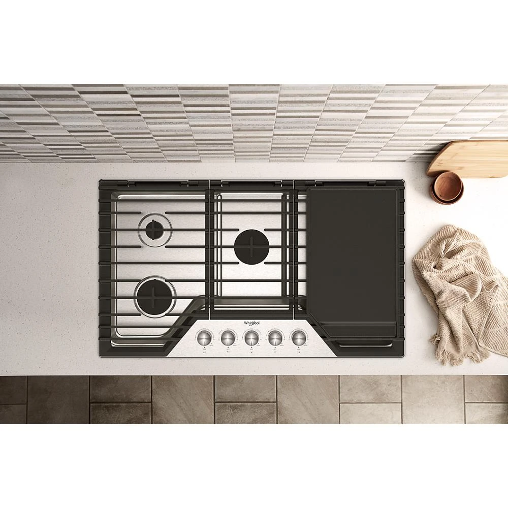 36-inch Gas Cooktop with 5 Burners and EZ-2-Lift™ Hinged Cast-Iron Grates and Griddle WCGK7536PS, product image 3 of 27