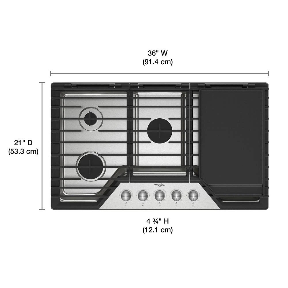 36-inch Gas Cooktop with 5 Burners and EZ-2-Lift™ Hinged Cast-Iron Grates and Griddle WCGK7536PS, product image 14 of 27