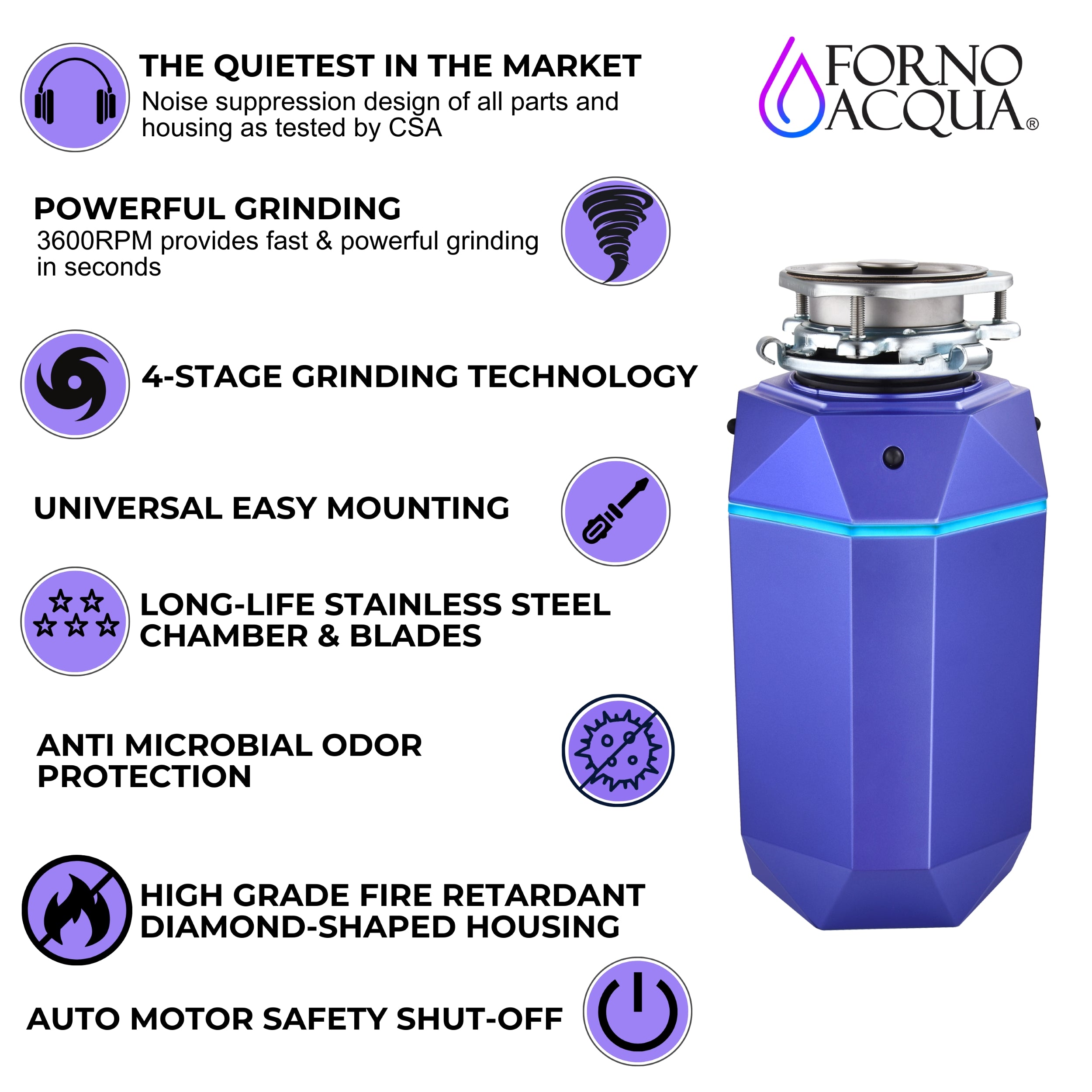 ACQUA BrightDIAMOND 3/4HP Super Quiet Garbage Disposal Corded with Motion Sensor Cabinet Light & Pre-Wired Air Switch WDD075TA1AM