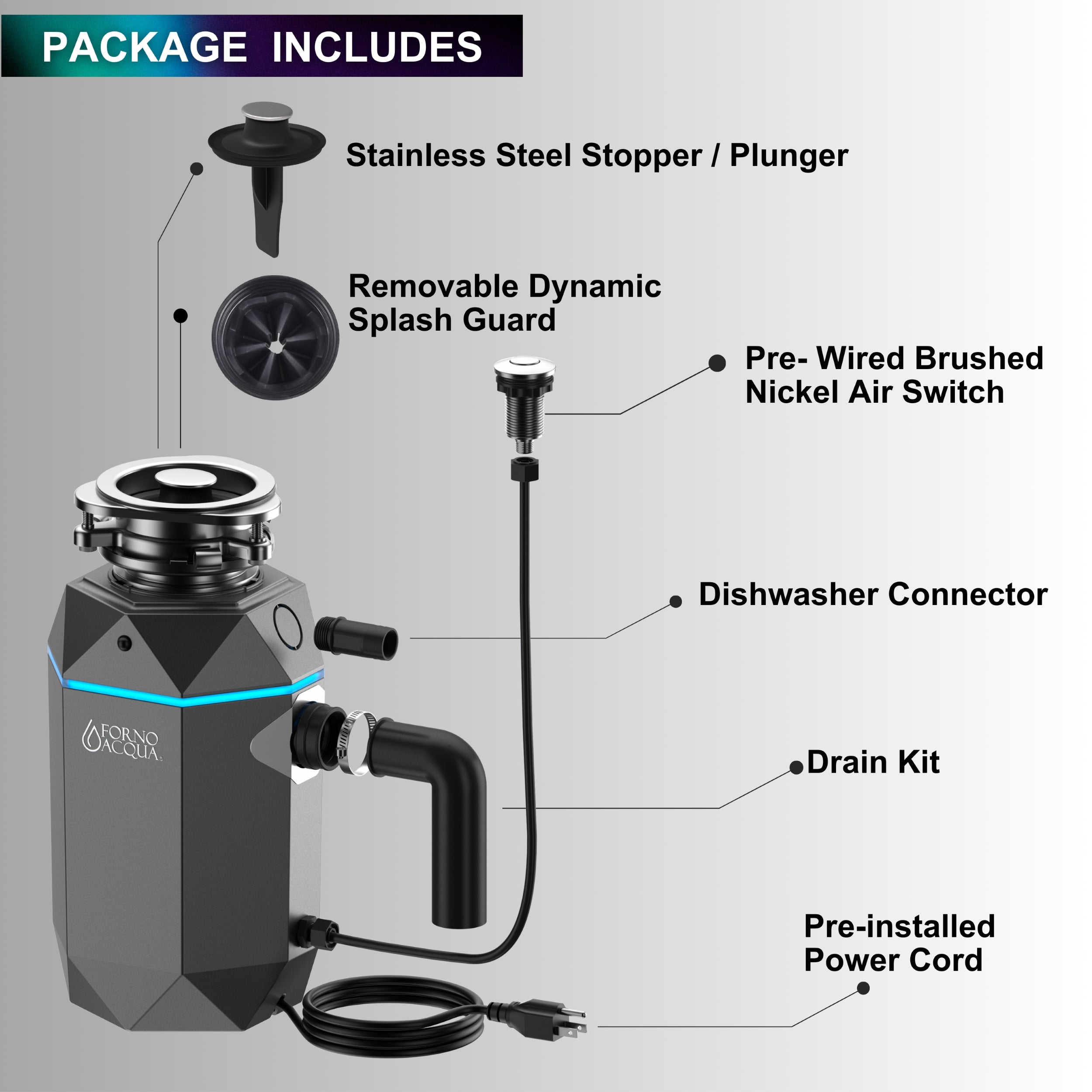 ACQUA BrightDIAMOND 3/4HP Super Quiet Garbage Disposal Corded with Motion Sensor Cabinet Light & Pre-Wired Air Switch WDD075TA1BO