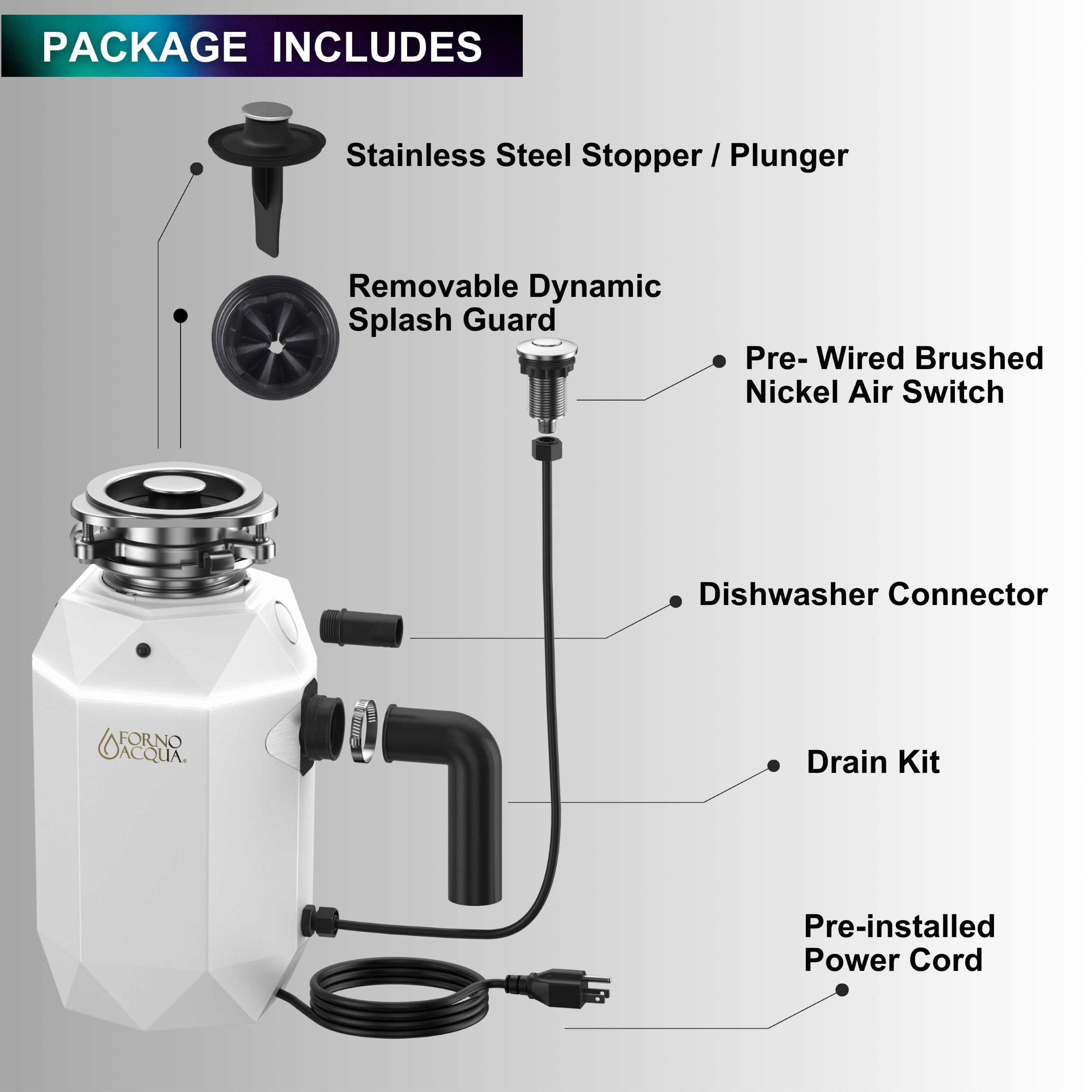 ACQUA BrightDIAMOND 3/4HP Super Quiet Garbage Disposal Corded with Motion Sensor Cabinet Light & Pre-Wired Air Switch WDD075TA2MS