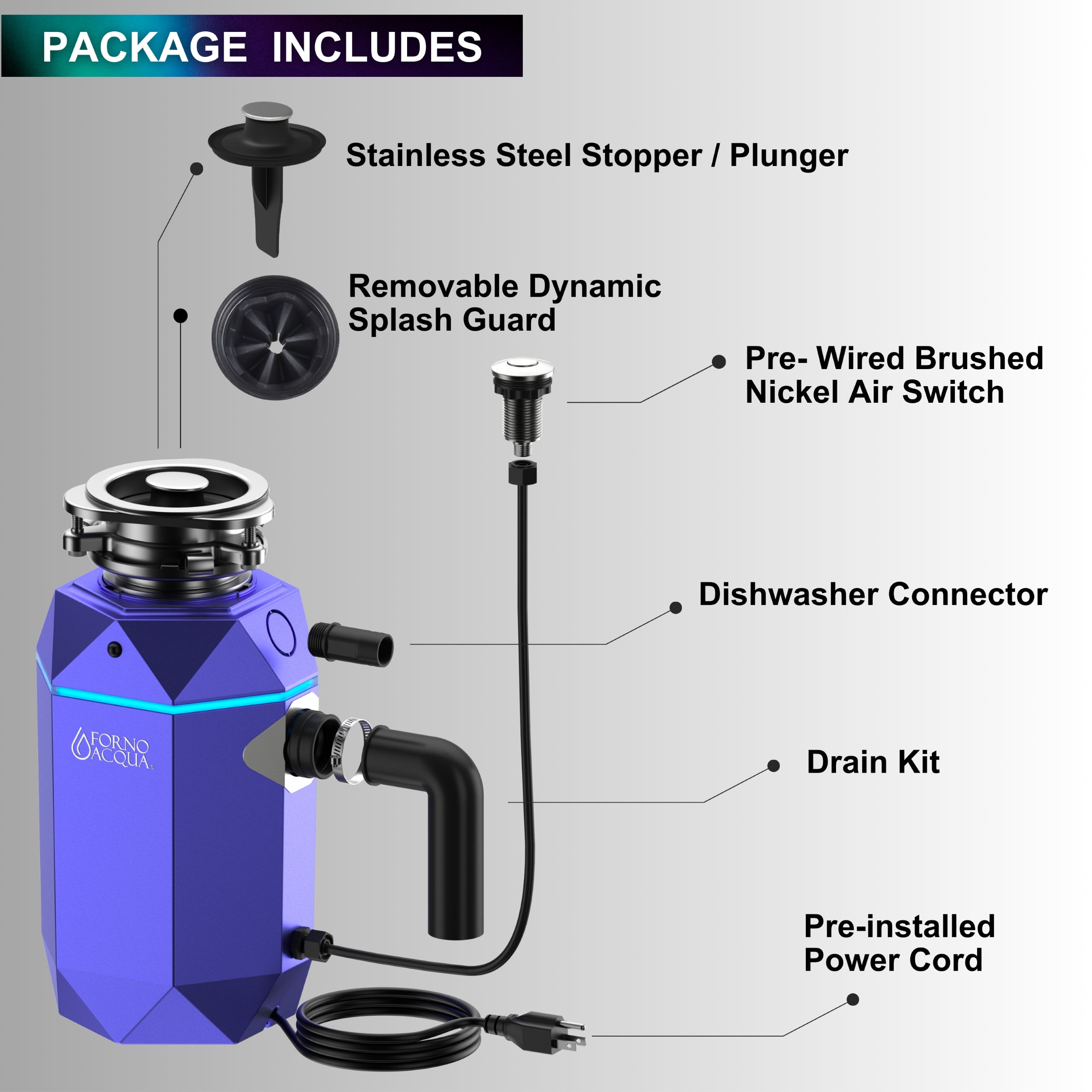ACQUA BrightDIAMOND 1HP Super Quiet Garbage Disposal Corded with Motion Sensor Cabinet Light & Pre-Wired Air Switch WDD100TA1AM