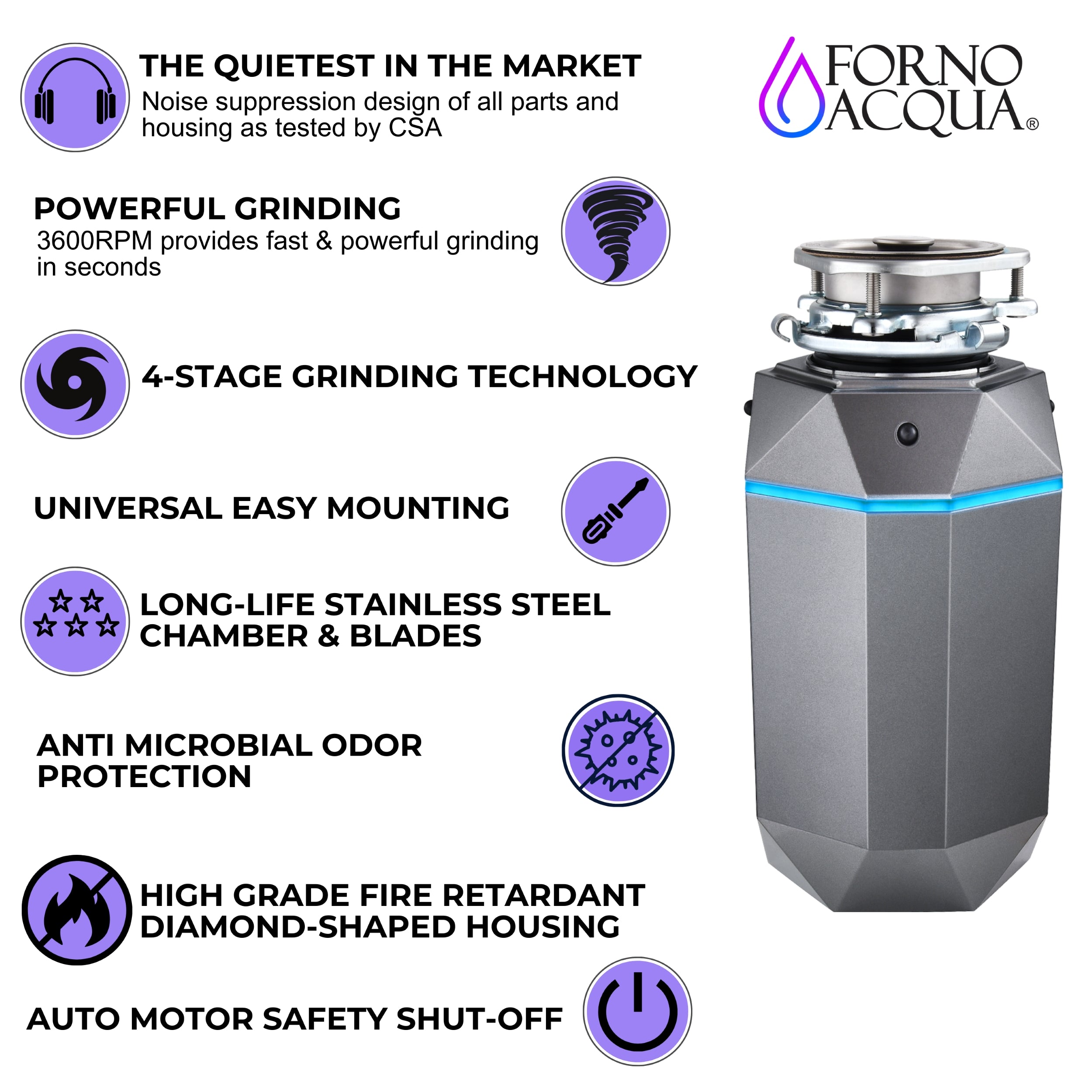ACQUA BrightDIAMOND 1HP Super Quiet Garbage Disposal Corded with Motion Sensor Cabinet Light & Pre-Wired Air Switch WDD100TA1BO